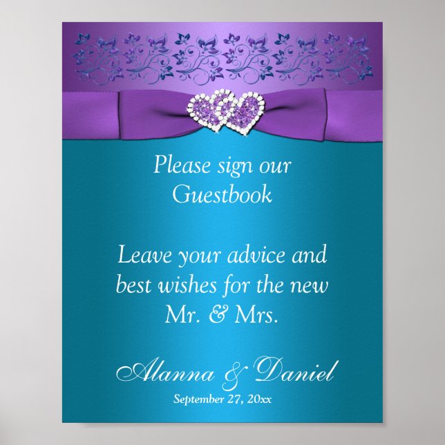Purple, Teal Floral Hearts Wedding Sign 2 (Front)