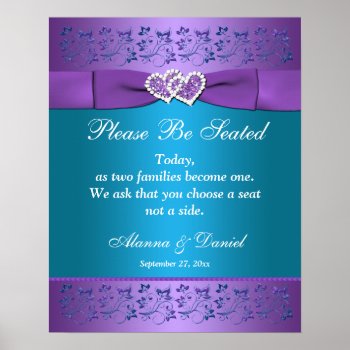 Purple  Teal Floral Hearts Wedding Sign/poster Poster by NiteOwlStudio at Zazzle
