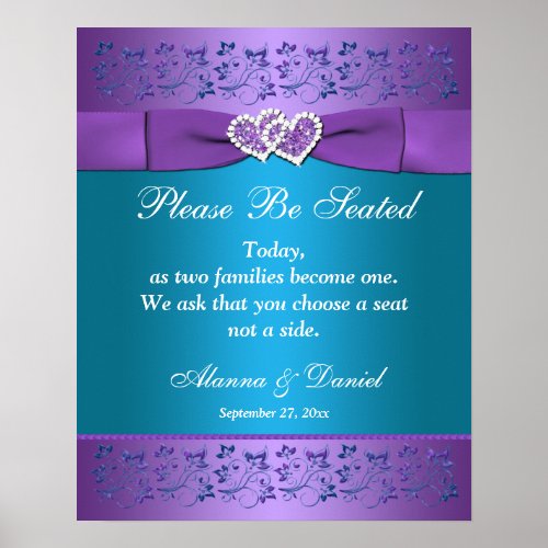 Purple Teal Floral Hearts Wedding SignPoster Poster
