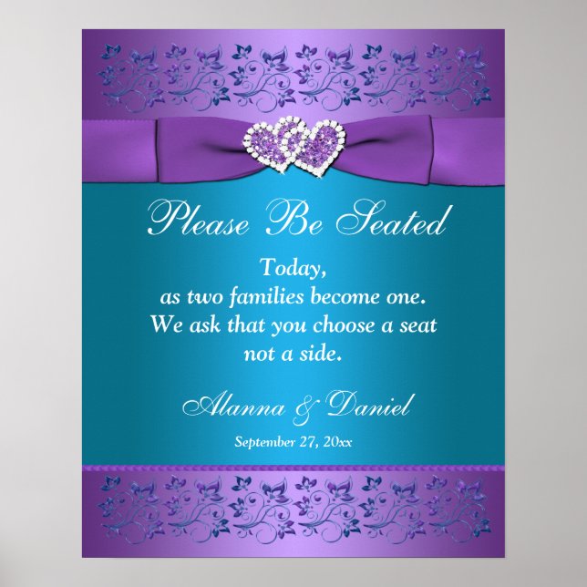 Purple, Teal Floral Hearts Wedding Sign/Poster Poster (Front)