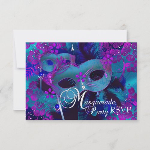 Purple  Teal Floral Masquerade Party RSVP