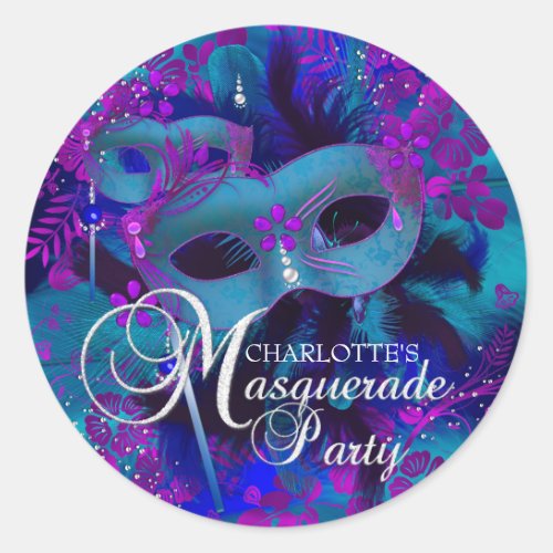 Purple  Teal Floral Masquerade Party Sticker