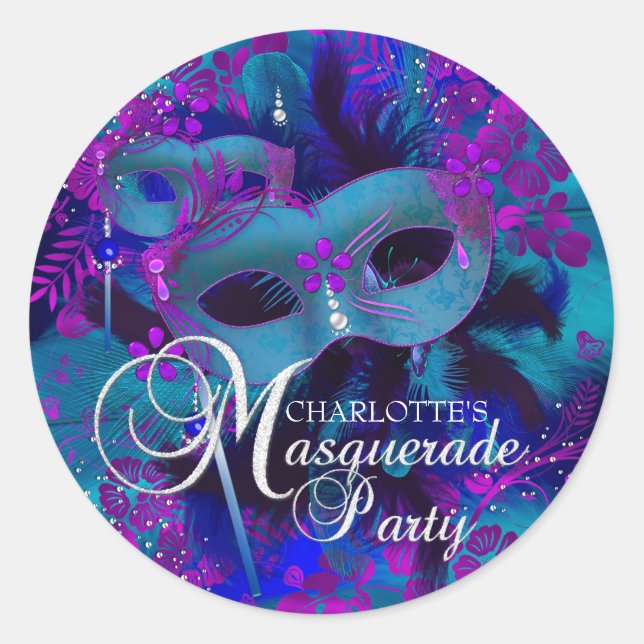 Purple & Teal Floral Masquerade Party Sticker (Front)