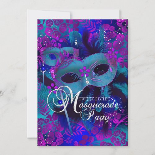 Purple  Teal Floral Masquerade Sweet 16 Invite