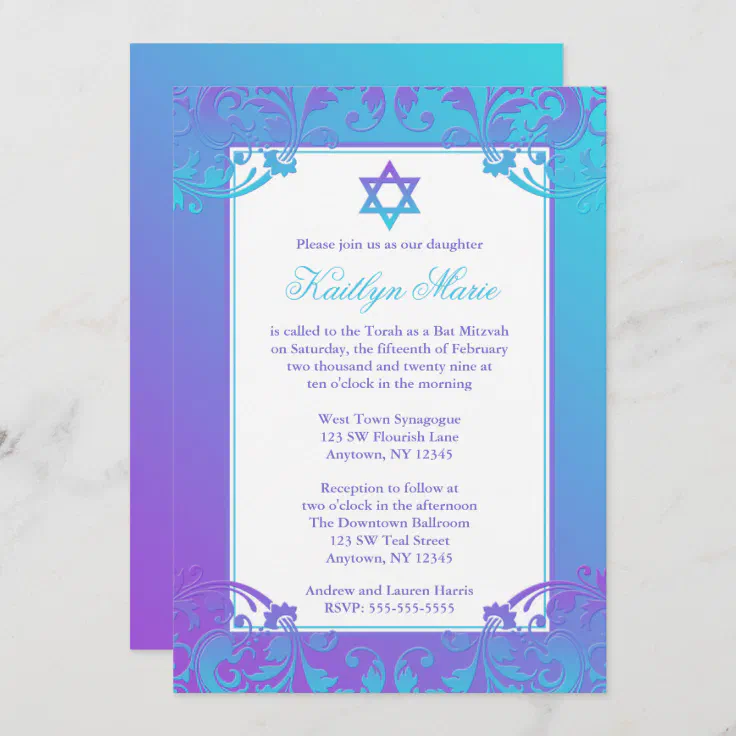 Purple Teal Flourish Bat Mitzvah Invitations | Zazzle