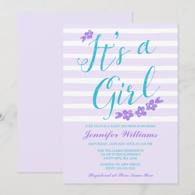 Purple Teal Flower Stripes Baby Shower Invitations (Front/Back)