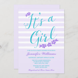 Purple Teal Flower Stripes Baby Shower Invitations