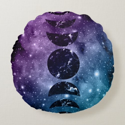 Purple Teal Galaxy Nebula Dream Moon Phases 1 Round Pillow