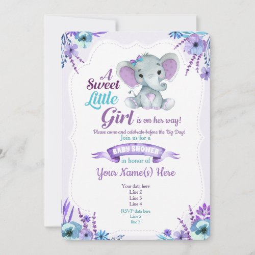 Purple Teal girl elephant invitation baby shower