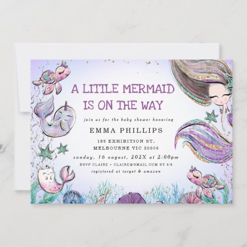 Purple Teal Girls Little Mermaid Baby Shower Invitation