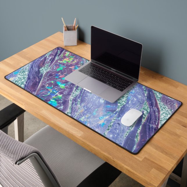 Purple Teal Glitter Holographic Opal Marble Cute Desk Mat (Office 2)