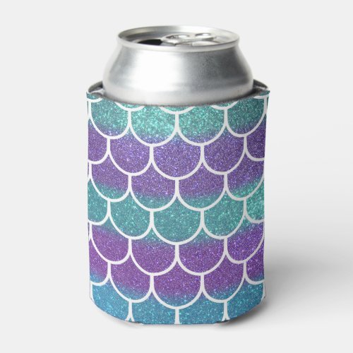 Purple Teal Glitter Mermaid Scallop Scale Pattern Can Cooler
