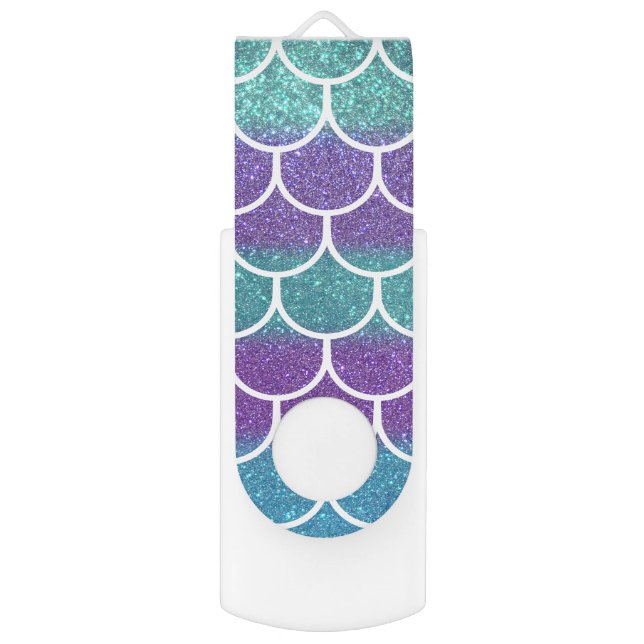 Purple Teal Glitter Mermaid Scallop Scale Pattern Flash Drive (Back (Vertical))