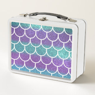 Purple Teal Glitter Mermaid Scallop Scale Pattern Metal Lunch Box