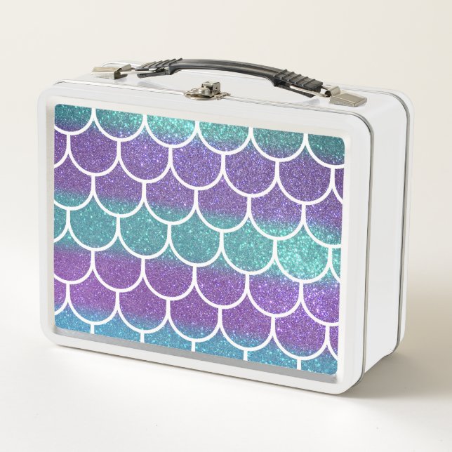 Purple Teal Glitter Mermaid Scallop Scale Pattern Metal Lunch Box (Front)