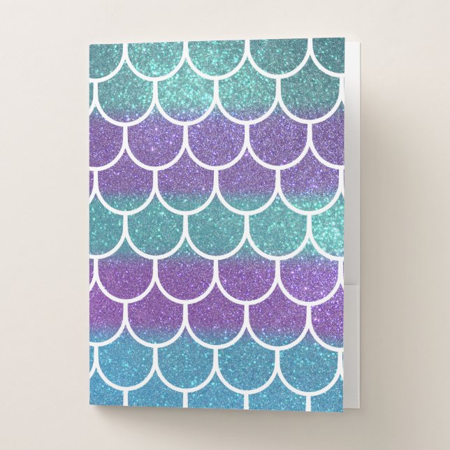 Purple Teal Glitter Mermaid Scallop Scale Pattern Pocket Folder (Front)