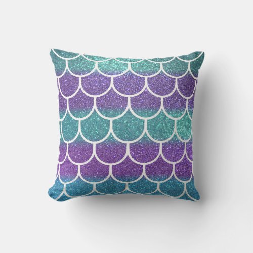 Purple Teal Glitter Mermaid Scallop Scale Pattern Throw Pillow