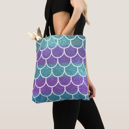 Purple Teal Glitter Mermaid Scallop Scale Pattern Tote Bag