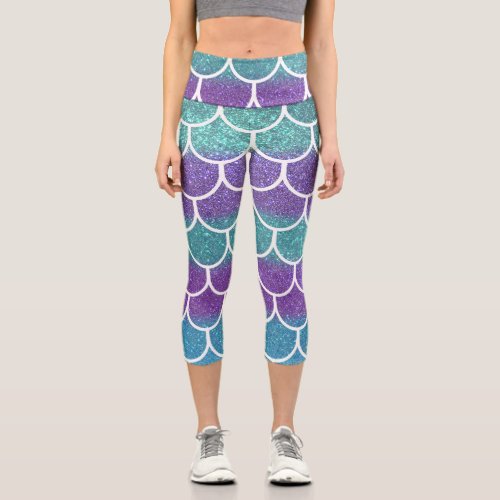 Purple Teal Glitter Mermaid Scallop Scales Capri Leggings