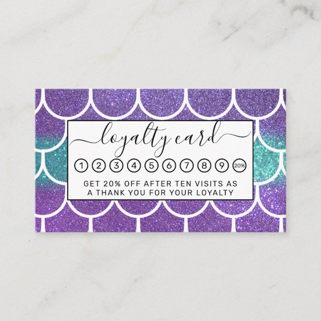 Purple Teal Glitter Mermaid Scallop Scales Loyalty Card (Front)