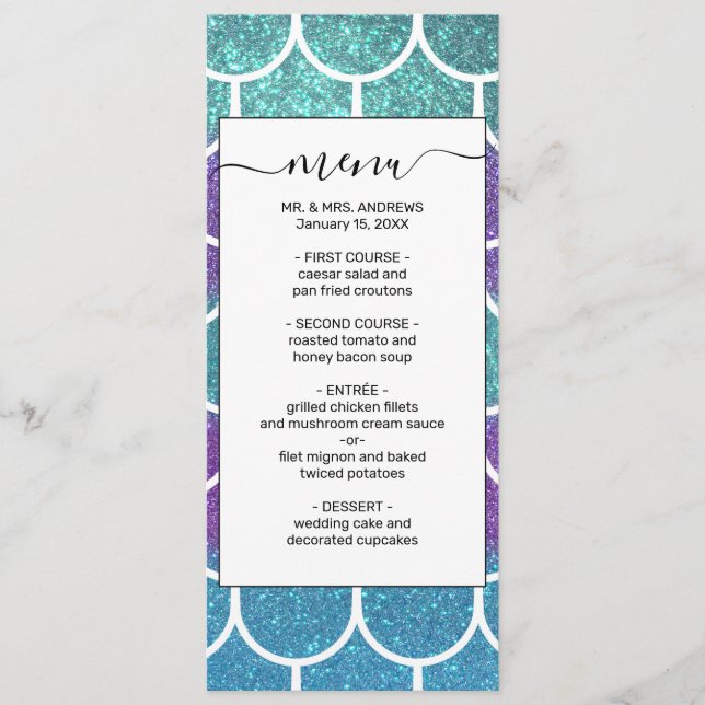 Purple Teal Glitter Mermaid Scallop Scales Menu (Front)