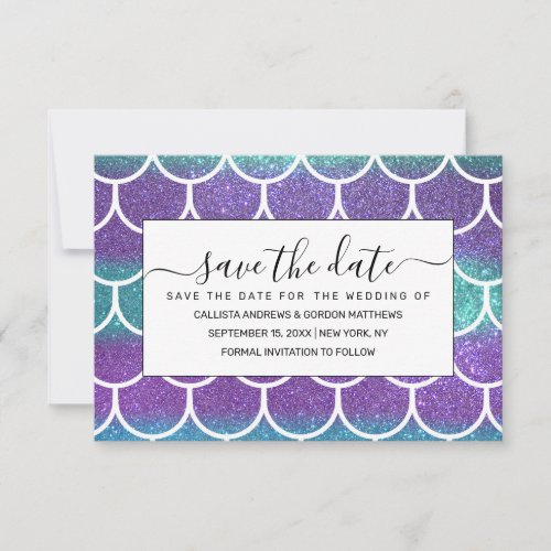 Purple Teal Glitter Mermaid Scallop Scales Save The Date