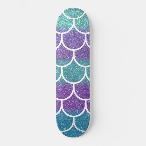 Purple Teal Glitter Mermaid Scallop Scales Skateboard