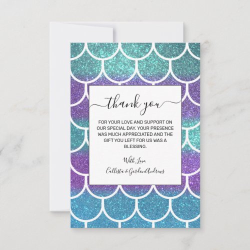 Purple Teal Glitter Mermaid Scallop Scales Thank You Card