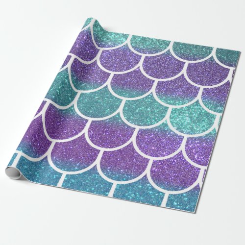 Purple Teal Glitter Mermaid Scallop Scales Wrapping Paper