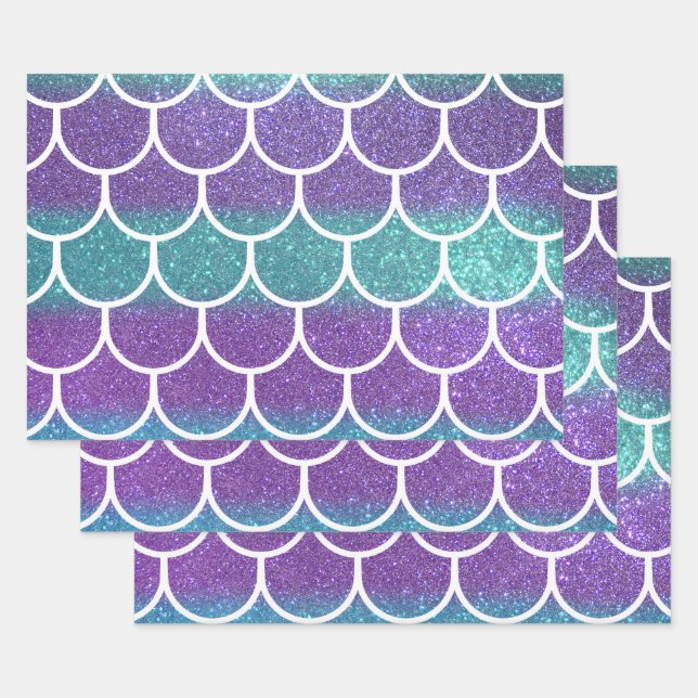 Purple Teal Glitter Mermaid Scallop Scales Wrapping Paper Sheets (Set)