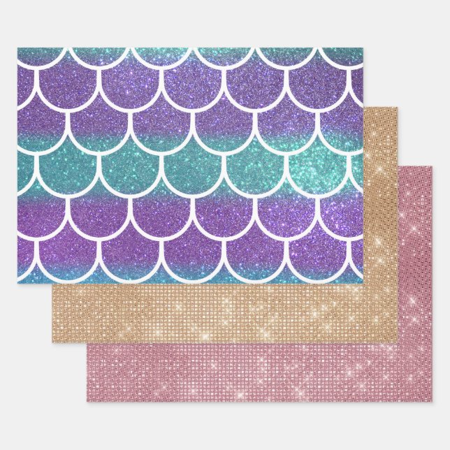 Purple Teal Glitter Mermaid Scallop Scales Wrapping Paper Sheets (Set)
