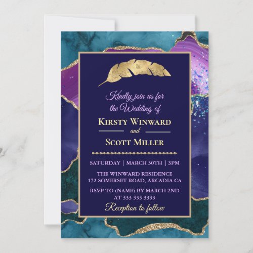 Purple Teal Gold Glitter Agate Wedding Invitation