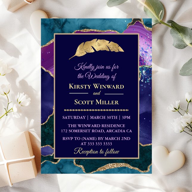Purple Teal Gold Glitter Agate Wedding Invitation (Creator Uploaded)
