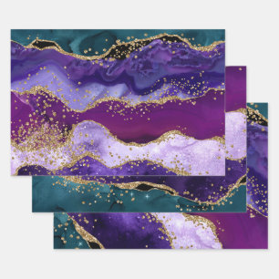 Purple & Teal & Gold Glitter Peacock Agate Wrapping Paper Sheets