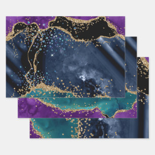 Purple & Teal & Gold Glitter Peacock Agate Wrapping Paper Sheets