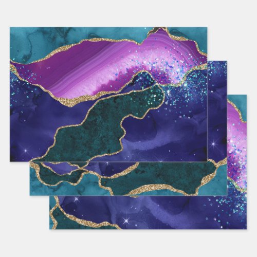 Purple  Teal  Gold Glitter Peacock Agate Wrapping Paper Sheets