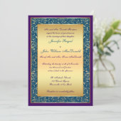 Purple Teal Gold Ornate Scrolls Wedding Invite (Standing Front)