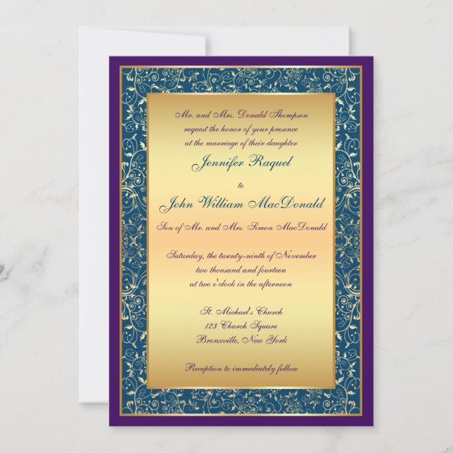 Purple Teal Gold Ornate Scrolls Wedding Invite (Front)