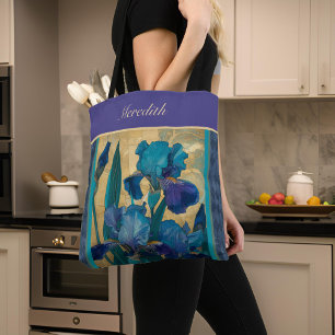 Purple Teal Gold Vintage Floral Iris Monogram Tote Bag