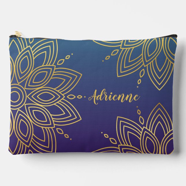 Purple Teal Gradient Faux Gold Mandala Accessory Pouch (Front)