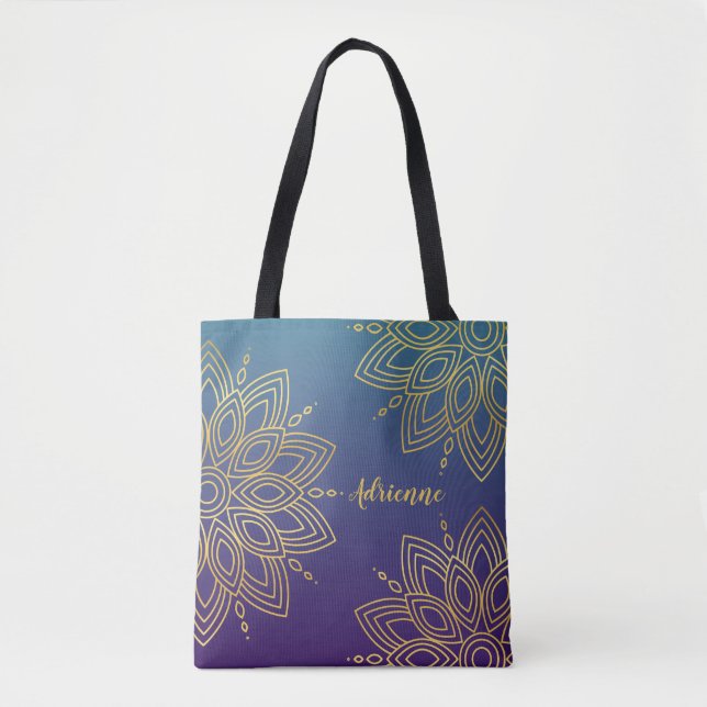 Purple Teal Gradient Faux Gold Mandala Tote Bag (Front)