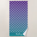 Purple Teal Gradient Mermaid Fishscale Beach Towel<br><div class="desc">This mermaid patterned beach towel is the perfect way to show your love of the ocean while relaxing by the pool or beach. The mermaid fish scale design is sure to turn heads. It makes a perfect gift for an ocean lover or a mermaid lover. Personalize with a name or...</div>