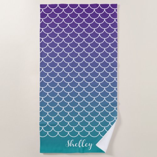 Purple Teal Gradient Mermaid Fishscale Beach Towel