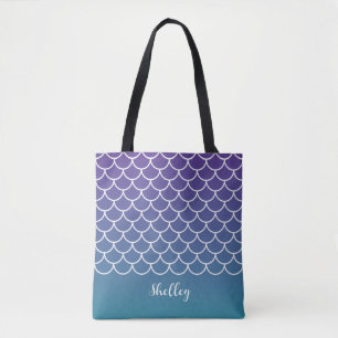 Purple Teal Gradient Mermaid Fishscale Tote Bag