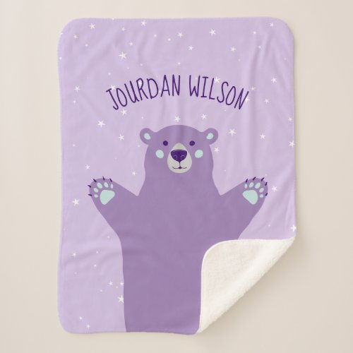 Purple Teal Gray Bear Baby Name Sherpa Blanket