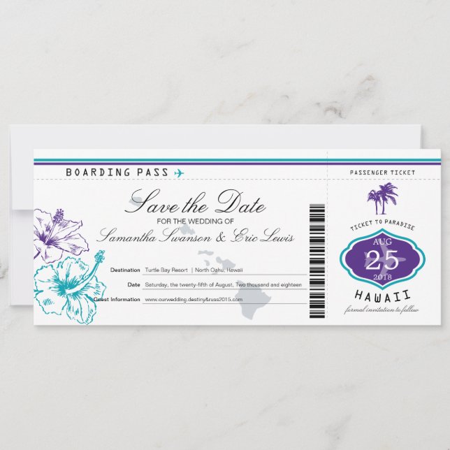 Purple Teal Hibiscus Flower Hawaii Boarding Pass Save The Date (Front)