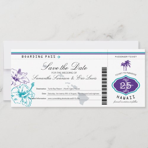 Purple Teal Hibiscus Flower Hawaii Boarding Pass Save The Date