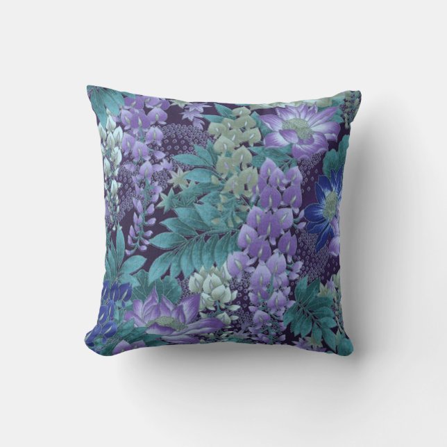 Purple & Teal Jungle Flowers Throw Pillow (Front)
