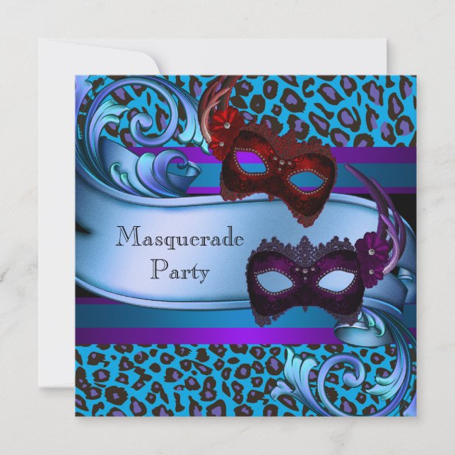 Purple Teal Leopard Masks Sweet 16 Masquerade Invitation (Front)