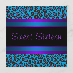 Purple Teal Leopard Sweet 16 Birthday Party Invitation